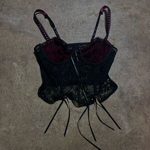 Chic Black Lace Corset with Pink Details